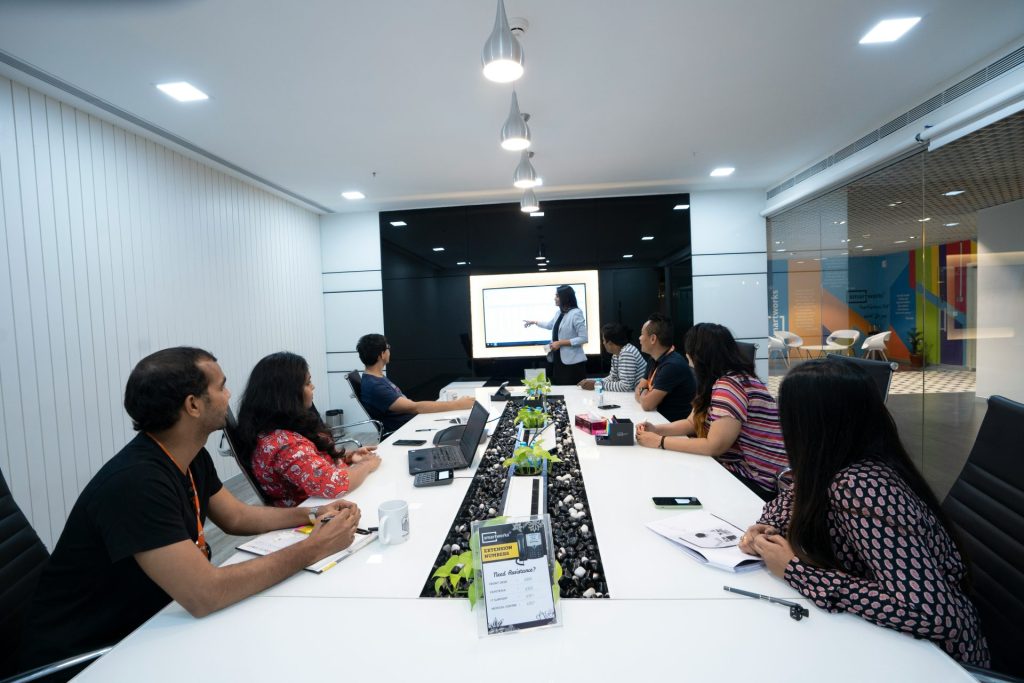 Focused meeting in a modern conference room